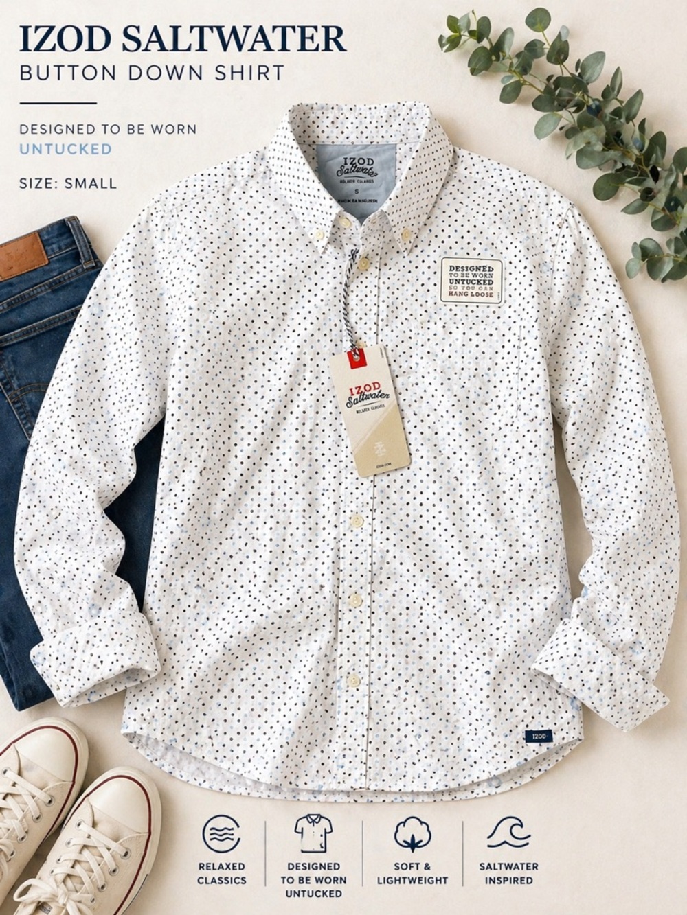 NWT IZOD Saltwater Button Down Shirt Small White Dot Print Untucked Casual Top
